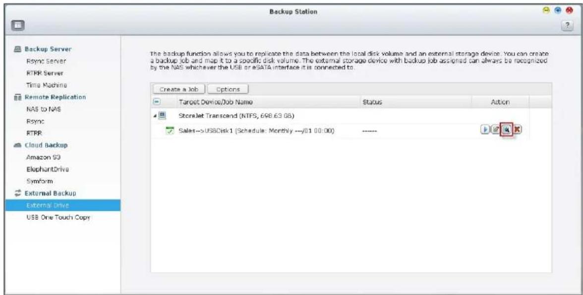 QNAP TS-419P II - Click in "Action" column of a backup job. - 1