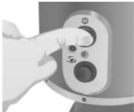Hand pointing at a device control panel with buttons (no text or symbols visible)