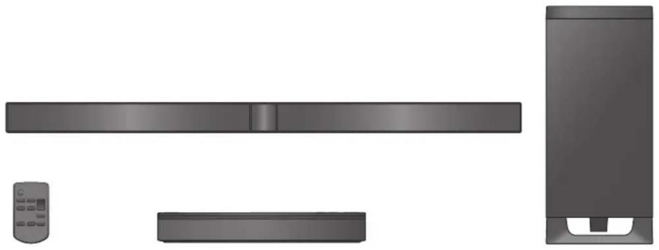 Product line drawing of a modern TV and audio equipment (no text or symbols)