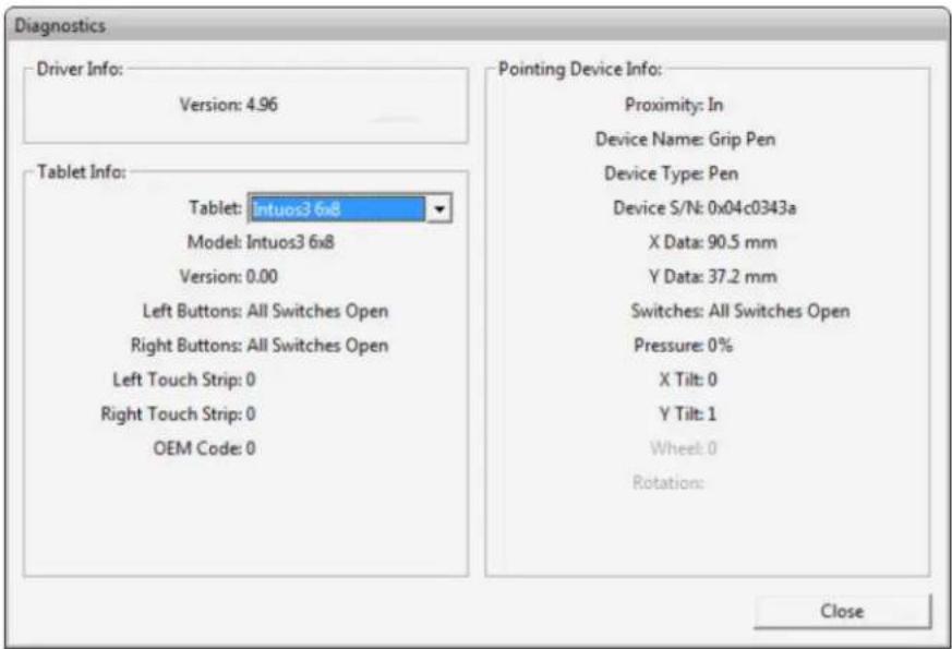 Diagnostics Driver Info: Version: 4.96 Tablet Info: Tablet: Intuos3 6x8 Model: Intuos3 6x8 Version: 0.00 Left Buttons: All Switches Open Right Buttons: All Switches Open Left Touch Strip: 0 Right Touch Strip: 0 OEM Code: 0 Pointing Device Info: Proximity: In Device Name: Grip Pen Device Type: Pen Device S/N: 0x04c0343a X Data: 90.5 mm Y Data: 37.2 mm Switches: All Switches Open Pressure: 0% X Tilt: 0 Y Tilt: 1 Wheel: 0 Rotation: Close