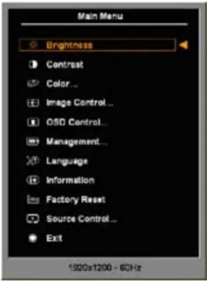 Main Menu Brightness Contrast Color... Image Control... OSD Control... Management... Language Information Factory Reset Source Control... Exit 1920x1200 - 60Hz