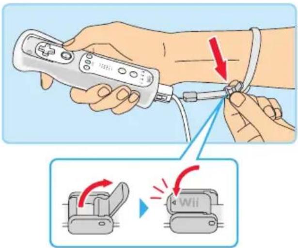 Illustration showing a hand holding a game controller with red arrows indicating action, and a close-up of the Wii device being adjusted.