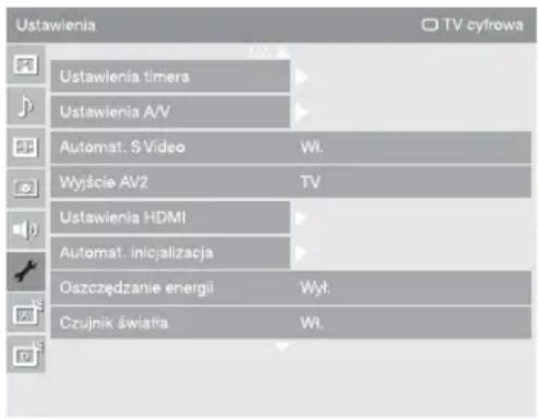 Ustawienia TV cyfrowa Ustawienia timera Ustawienia A/V Automat. S Video Wt. Wyjście AV2 TV Ustawienia HDMI Automat. inicjalizacja Oszczędzanie energii Wyt. Czujnik światła Wt.