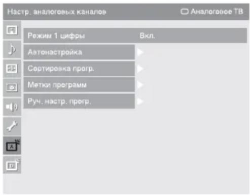 Настр. аналоговых каналов Аналоговое ТВ Режим 1 цифры Вкл. Автонастройка Сортировка прогр. Метки программ Руч. настр. прогр.