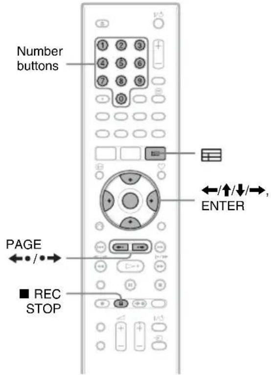 Number buttons 1 2 3 4 5 6 7 8 9 0 PAGE ■ REC STOP ENTER +/↑/↓/→, +/-