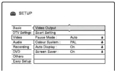 SETUP Basic Video Output DTV Settings Scart Setting Video Pause Mode : Auto ↓ Audio Colour System : PAL ↓ Recording Auto Display : On ↓ DVD Screen Saver : On ↓ Others Easy Setup