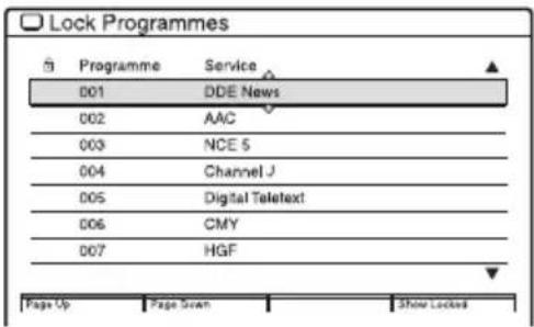 Lock Programmes Programme Service 001 DDE News 002 AAC 003 NCE 5 004 Channel J 005 Digital Teletext 006 CMY 007 HGF Page Up Page Down Show Locked