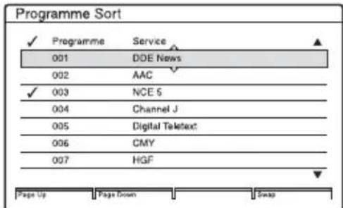 Programme Sort ✓ Programme Service 001 DDE News 002 AAC ✓ 003 NCE S 004 Channel J 005 Digital Teletext 006 CMY 007 HGF Page Up Page Down Swap
