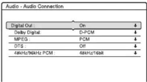 Audio - Audio Connection Digital Out : On ↓ Delby Digital: D-PCM ↓ MPEG : PCM ↓ DTS : Off ↓ 48kHz/96kHz PCM : 48kHz/16bit ↓