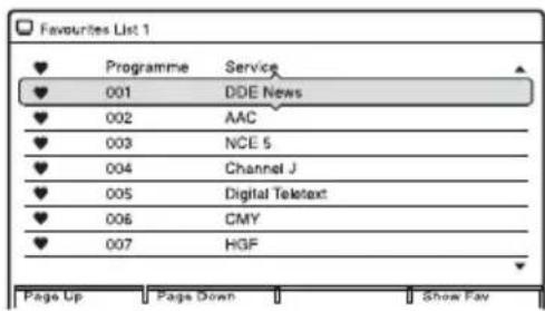 Favorites List 1 ♥ Programme Service ♥ 001 DDE News ♥ 002 AAC ♥ 003 NCE 5 ♥ 004 Channel J ♥ 005 Digital Teletext ♥ 006 CMY ♥ 007 HGF Page Up Page Down Show Fav
