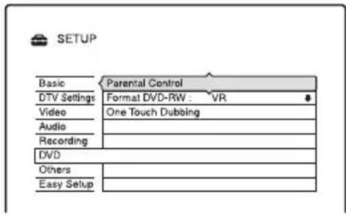 SETUP Basic Parental Control DTV Settings Format DVD-RW : VR Video One Touch Dubbing Audio Recording DVD Others Easy Setup