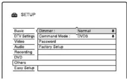 SETUP Basic Dimmer : Normal DTV Settings Command Mode : DVD3 Video Password Audio Factory Setup Recording DVD Others Easy Setup
