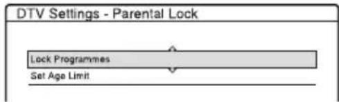 DTV Settings - Parental Lock Lock Programmes Set Age Limit
