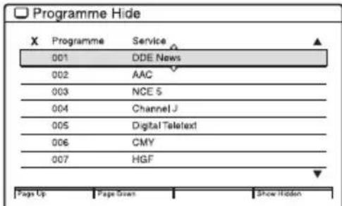 Programme Hide X Programme Service 001 DDE News 002 AAC 003 NCE 5 004 Channel J 005 Digital Teletext 006 CMY 007 HGF Page Up Page Given Show Hidden