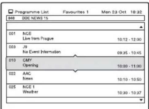 Programme List Favourites 1 Mon 23 Oct 10:32 040 DDE NEWS 15 001 NGE Live from Prague 10:12 - 12:00 003 J9 No Event Information 09:35 - 10:45 010 CMY Opening 10:00 - 11:00 022 AAC News 10:10 - 10:50 025 NCE 1 Weather 10:30 - 10:37