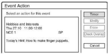 Event Action Select an action for this event Hobbies and Interests Thu 27.10 11:00-12:00 NCE 1 SP Today's Hint: How to make finger puppets. Timer Modify Finish Check Overlap Cancel
