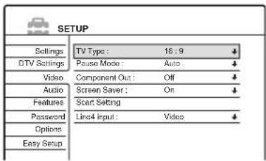 SETUP Settings DTV Settings Video Audio Features Password Options Easy Setup TV Type: 16:9 Pause Mode: Auto Component Out: Off Screen Saver: On Scan Setting Line4 input: Video