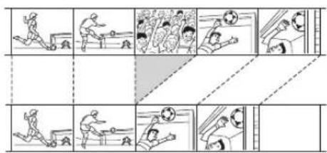 Sequence of three-panel comic strip showing a person playing soccer, with action shots and ball positions