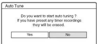Auto Tune Do you want to start auto tuning ? If you have preset any timer recordings they will be erased. Yes No
