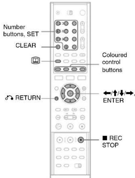 Number buttons, SET CLEAR RETURN Coloured control buttons ENTER ■ REC STOP