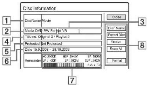 Disc Information DiscName Movie Media DVD-RW Format VR Title no. Original 3 / Playlist 2 Protected Not Protected Date 15.9.2003 - 28.10.2003 Remainder H0:1H0M HSP:0-4SM SP:1H0M UP:1H0M EP:2H0M SPL:3H0M 2.314-7GB Close Disc Name Protect Disc Finalize Erase All Format 1 2 3 4 5 6 7 8