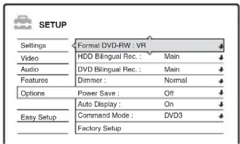 SONY RDR-HX510 - Disc and Remote Control Settings/Factory Settings (Options) - 1