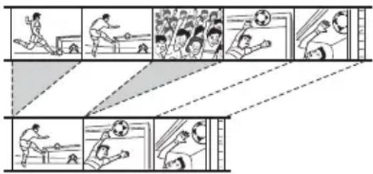 Illustrated sequence of soccer match progression with player action and ball trajectory