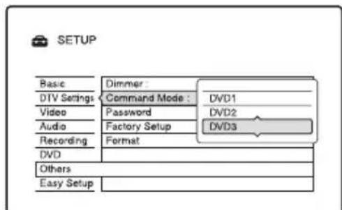 SETUP Basic Dimmer: DTV Settings Command Mode: DVD1 Video Password DVD2 Audio Factory Setup DVD3 Recording Format DVD Others Easy Setup