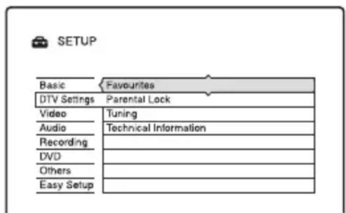 SETUP Basic Favourites DTV Settings Parental Lock Video Tuning Audio Technical Information Recording DVD Others Easy Setup