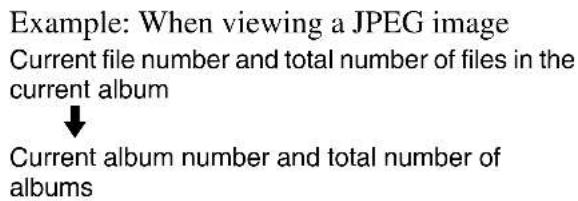 Example: When viewing a JPEG image Current file number and total number of files in the current album ↓ Current album number and total number of albums