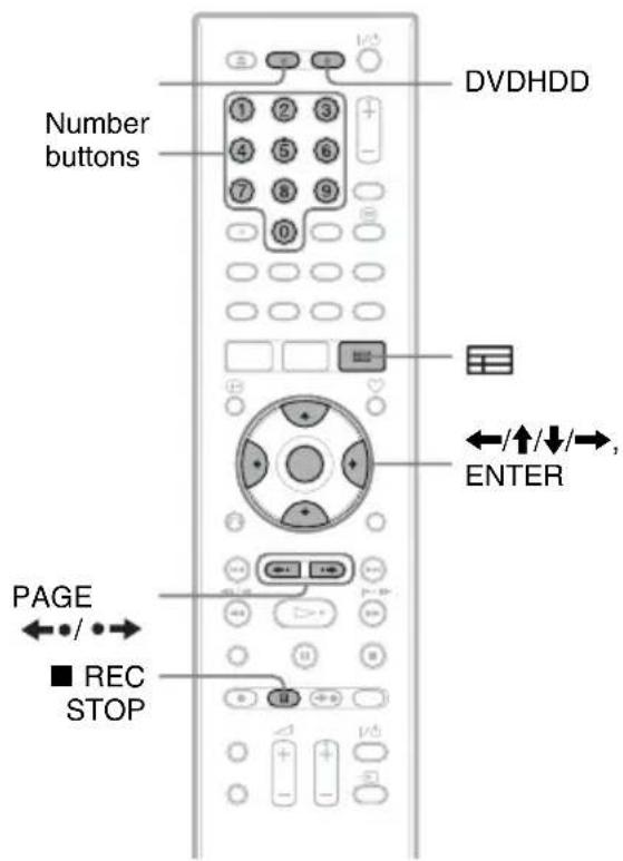 Number buttons DVDHDD ←/↑/↓/→, ENTER PAGE ■ REC STOP