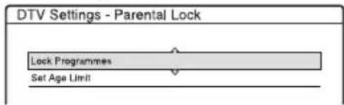 DTV Settings - Parental Lock Lock Programmes Set Age Limit