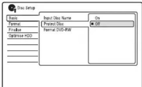 Disc Setup Basic Format Finalise Optimize HDD Input Disc Name Protect Disc Format DVD-RW On Off