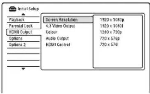 Initial Setup Playback Parental Lock HDMI Output Options Options 2 Screen Resolution 4.3 Video Output Colour Audio Output HDMI Control 1920 x 1080p 1920 x 1080i 1280 x 720p 720 x 576p 720 x 576i