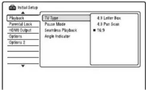 Initial Setup Playback Parental Lock HDMI Output Options Options 2 TV Type Pause Mode Seamless Playback Angle Indicator 4.3 Letter Box 4.3 Pen Scan ■ 16:9
