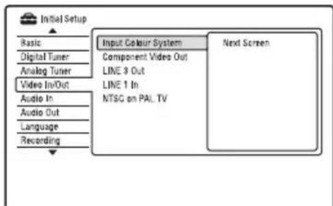 Initial Setup Basic Digital Tuner Analog Tuner Video In/Out Audio In Audio Out Language Recording Input Colour System Component Video Out LINE 3 Out LINE 1 In NTSG on PAL TV Next Screen