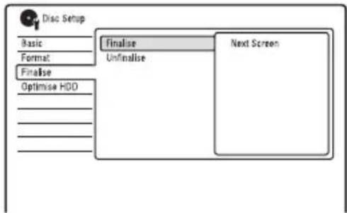 Disc Setup Basic Format Finalise Optimize HDD Finalise Unfinalise Next Screen