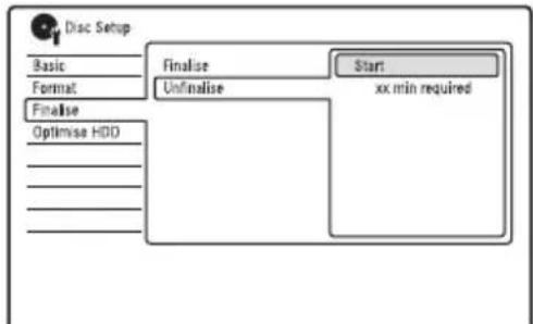 Disc Setup Basic Format Finalise Optimise HDD Finalise Unfinalise Start xx min required