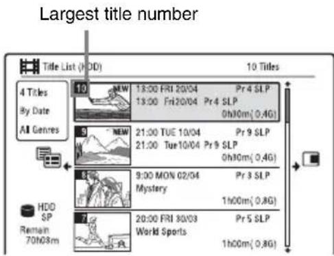 Largest title number Title List (HDD) 10 Titles 4 Titles By Date All Genres 10 NEW 13:00 FRI 20/04 Pr 4 SLP 13:00 Fri 20/04 Pr 4 SLP 0h30m( 0,4G) 9 NEW 21:00 TUE 10/04 Pr 9 SLP 21:00 Tue 10/04 Pr 9 SLP 0h30m( 0,4G) 8 9:00 MON 02/04 Pr 3 SLP Mystery 1h00m( 0,8G) 7 20:00 FRI 30/03 Pr 5 SLP World Sports 1h00m( 0,8G) HDD SP Remain 70h08m