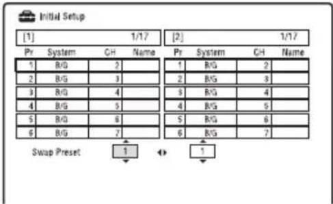 Initial Setup [1] 1/17 [2] 1/17 Pr System CH Name Pr System CH Name 1 B/G 2 1 B/G 2 2 B/G 3 2 B/G 3 3 B/G 4 3 B/G 4 4 B/G 5 4 B/G 5 5 B/G 6 5 B/G 6 6 B/G 7 6 B/G 7 Swap Preset 1 ◀ 1