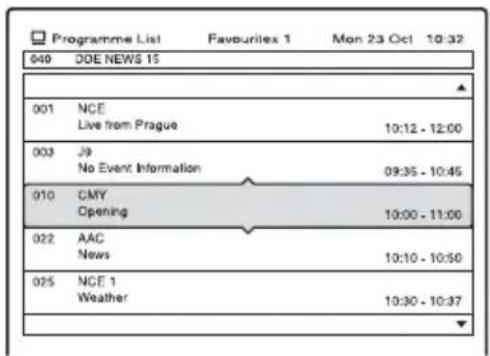 Programme List Favouriles 1 Mon 23 Oct 10:32 040 DDE NEWS 15 001 NCE Live from Prague 10:12 - 12:00 003 J9 No Event Information 09:35 - 10:45 010 CMY Opening 10:00 - 11:00 022 AAC News 10:10 - 10:50 025 NCE 1 Weather 10:30 - 10:37