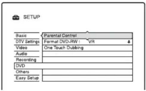 SETUP Basic Parental Control DTV Settings Format DVD-RW : VR ↓ Video One Touch Dubbing Audio Recording DVD Others Easy Setup