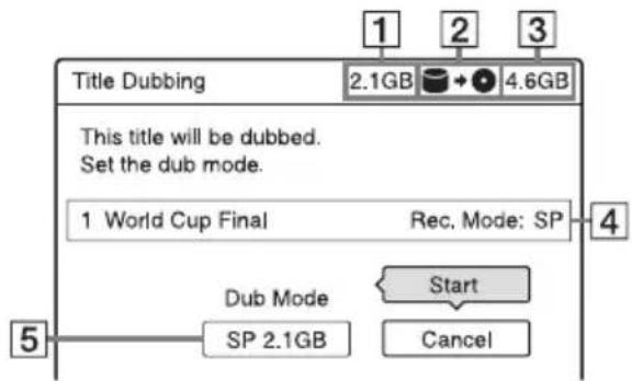 1 2 3 Title Dubbing 2.1GB + 4.6GB This title will be dubbed. Set the dub mode. 1 World Cup Final Rec. Mode: SP Dub Mode Start SP 2.1GB Cancel