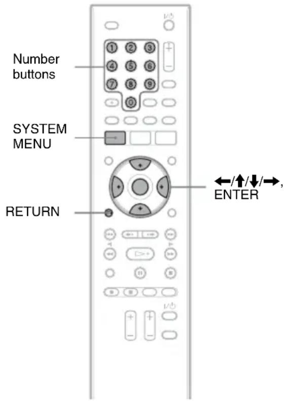 Number buttons SYSTEM MENU RETURN ←/↑/↓/→, ENTER