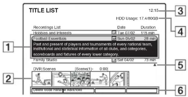 TITLE LIST 12:15 HDD Usage: 17.4/80GB Recordings List Date Duration Hobbies and Interests Tue 07/02 115 min Football Essentials Sun 05/02 28 min Past and present of players and tournaments of every national team, institutional and statistical information of all clubs, and categories, scoreboards and fixtures of every lower category. Family Studio Sat 04/02 73 min DVR:Scenes [Scene(1):- 0:00] Delete mode Renate Advanced