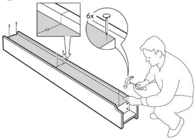 Technical diagram showing a worker using a hammer to install a metal beam, with magnified detail and annotation '6x' highlighting the component.