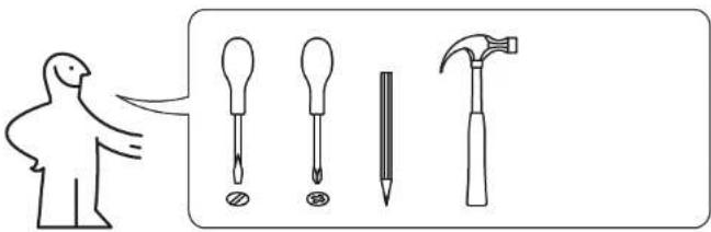 Illustration showing a person pointing to four different types of tools: screwdriver, pencil, hammer, and pencil (labeled ①, ②, ③)