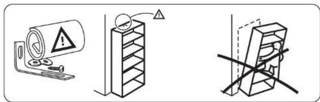Diagram illustrating three safety or hazard scenarios: a device with warning symbol, a cabinet with warning icon, and a crossbar with warning sign.