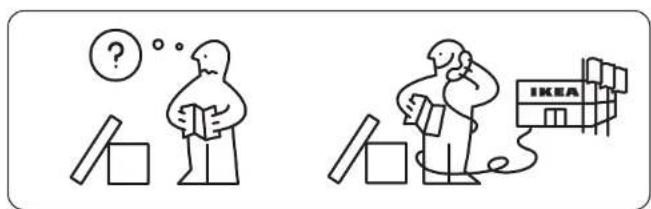 Two cartoon illustrations: one showing a person with a question mark and the other showing a person with a book labeled 'IKEA' and boxes, suggesting a puzzle or educational context.