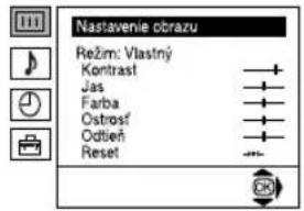 Nastavenie obrazu Režim: Vlastný Kontrast Jas Farba Ostrošť Odbieň Reset